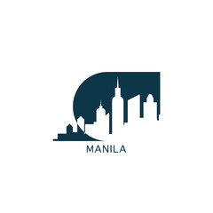 Manila vector icon with skyline, panoramic view, city shape. Philippines landmarks logo concept. Blue flat isolated graphic, badge