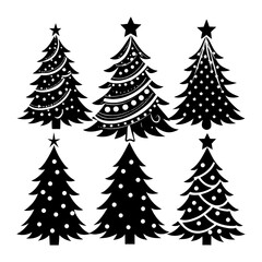 Obraz premium Christmas tree icons, silhouettes in black color. Vintage vector icons isolated on white background. Silhouettes of christmas trees with a stars at the top. Big set for decoration.