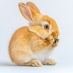 Fototapeta premium Fluffy white bunny isolated on a wooden background, beach, and sky