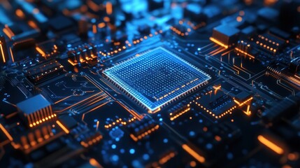 Complex computer circuit board with glowing chip