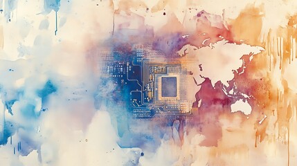 Naklejka premium Abstract digital world map with a microchip overlay, showcasing technology and globalization themes