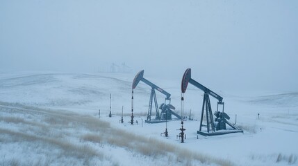 Remote northern oil field with snowy ground and distant pumpjacks