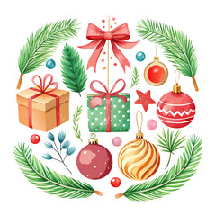 Christmas set with poinsettia, golden ball, fir tree branch, eucalyptus, red berries, watercolor. Hand drawn vector illustration. For New Year cards, festive winter banners, invitations, posters