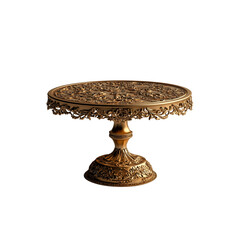 An ornate, decorative cake stand featuring intricate floral patterns and a sturdy base, perfect for showcasing desserts or pastries.
