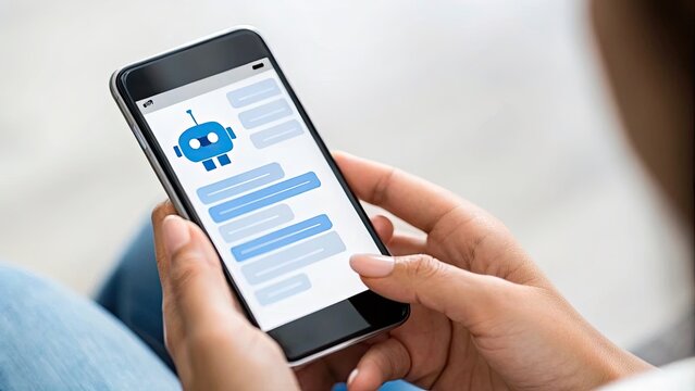 Artificial Intelligence natural Language processing chatbots concept, A person using a smartphone to interact with a chatbot via messaging app.