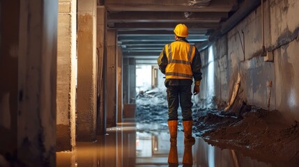 Construction worker in a flooded underground tunnel