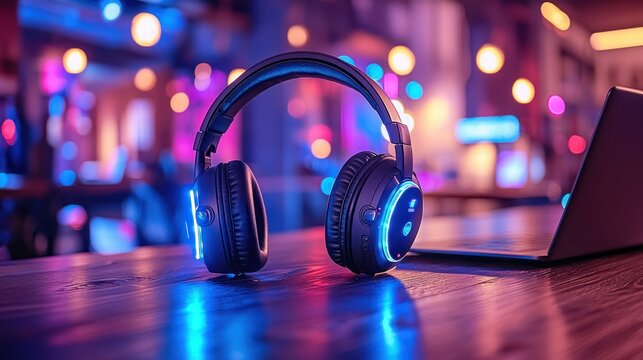 Headphones glow on wood surface. Laptop open, blurred lights background