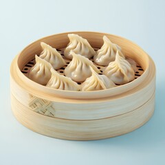 Steamed dumplings in a bamboo steamer basket.