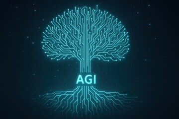 Agi a digital tree of glowing circuits symbolizing artificial general intelligence growth and knowledge