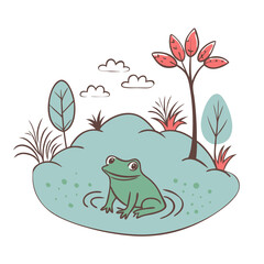Cartoon frog sitting in pond with trees and clouds