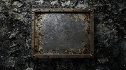 Rusty metal frame on a textured dark background, evoking an industrial atmosphere