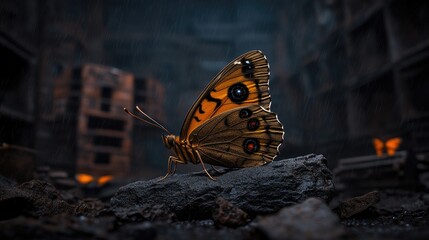 A butterfly rests amidst the ruins of a destroyed city during a storm