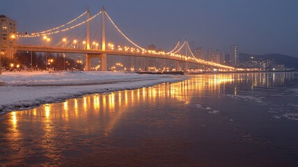Fototapeta premium Illuminated Bridge Over Icy River at Night in Winter