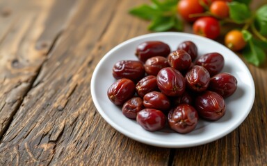 Obraz premium A white plate filled with fresh red dates sits on a rustic wooden table beside green foliage