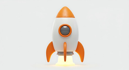 Stylized cartoon rocket emitting light on neutral backdrop depicting advancement