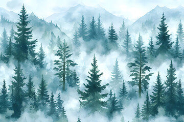 Fototapeta premium Misty Mountains, Evergreen Trees Rise