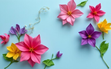 Obraz premium A vibrant arrangement of colorful paper flowers on a soft blue background, showcasing various shapes and hues