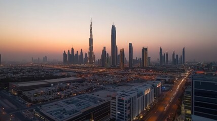 Obraz premium Illuminated City Skyline at Sunset