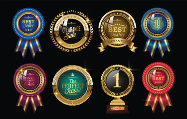 Best quality premium golden badges ribbons and labels vector set. Premium quality stamp, gold badges and luxury certificate seal ,1st place winner trophy gold medal best seller badges collection