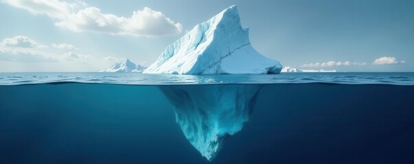Dramatic iceberg partially submerged, revealing unseen mass , antarctica, power, global warming