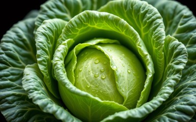 Obraz premium Close-up view of a fresh green cabbage with water droplets on its leaves