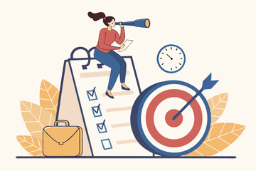 Productivity, project management or efficiency to finish work and reach business goal, time management concept, productive business woman working with computer laptop on checklist and alarm clock.