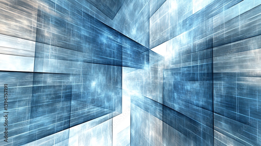 Poster abstract blue and white geometric patterns creating a sense of depth and movement in a digital space
