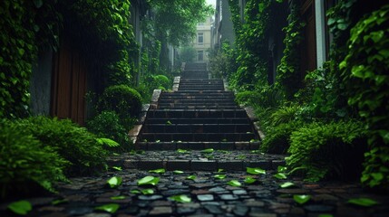 A pathway of old stone steps, overgrown with lush greenery, leading to a misty urban area