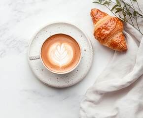 photo top view of cup of coffee with croissant next to it, on white background, warm tones