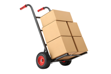 Hand truck with cardboard boxes for delivery or moving on transparent background