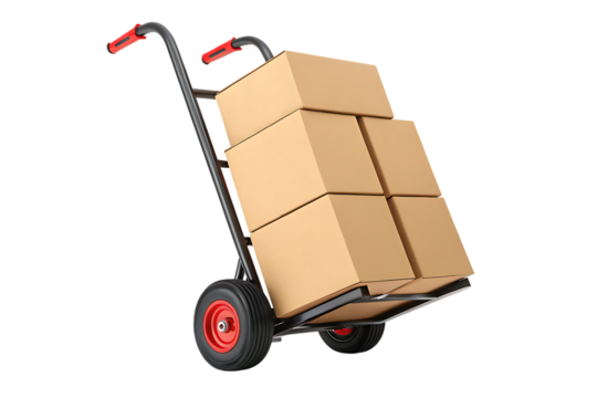 Hand truck with cardboard boxes for delivery or moving on transparent background