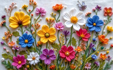 A vibrant display of intricately crafted flowers in various colors, showcasing the beauty of floral embroidery