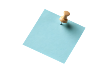 Light blue sticky note with wooden push pin on transparent background