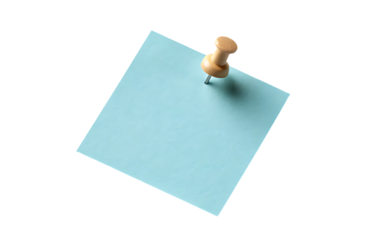Light blue sticky note with wooden push pin on transparent background - Powered by Adobe