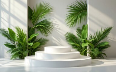 Obraz premium A minimalistic interior space featuring layered white platforms and vibrant green foliage