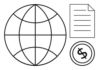 Obraz premium Globe representing global reach next to document symbolizing agreements and coin suggesting finance. Ideal for business, economy, international trade, documentation, globalization, finance
