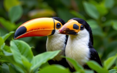 Obraz premium Two vibrant toucans among lush green foliage, showcasing their distinct beaks and striking colors