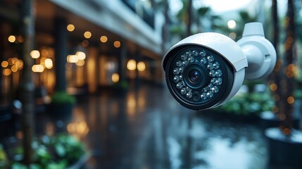 Security camera watching over a public space, lights blurred in the background