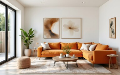 Fototapeta premium A modern living space featuring a vibrant orange sofa, art prints, and stylish decor elements