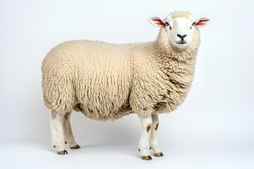 Fototapeta premium White sheep and lambs, gentle farm animals with wool, stand curious in the green spring meadow