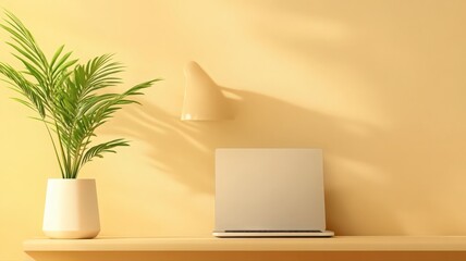 Indoor Green Plant and White Device Against Yellow Wall with Minimalist Design and Soft Lighting Creating Calm Atmosphere and Copy Space