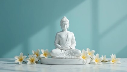Buddha statue and  White flower  on blue backdrop, copy space Buddhist holy day celebrating 