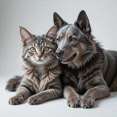 Fototapeta premium gray cat and dog sitting on white isolated