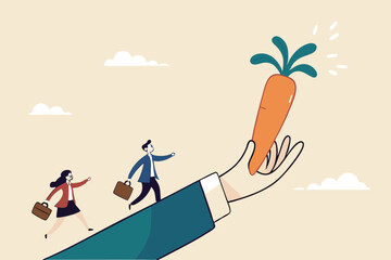 Incentive, reward or bonus to motivate employee on hard working to reach success, company benefit, job promotion or employee program concept, business people run on giant hand to grab carrot stick.