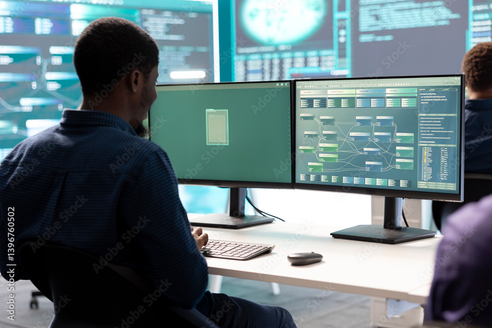 Poster cyber intelligence group of experts in a governmental hacking room implementing ways to protect stat