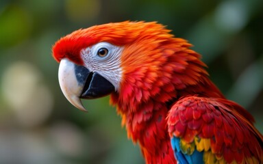 Obraz premium A close-up of a vibrant red macaw displaying intricate feather patterns and striking colors