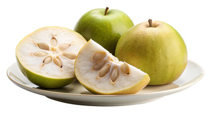 Closeup of a green apple and two halves of a pomelo fruit on a plate, showing the seeds and segments