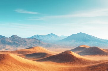 Naklejka premium A vast, sun-drenched desert landscape with rolling dunes and distant mountains.
