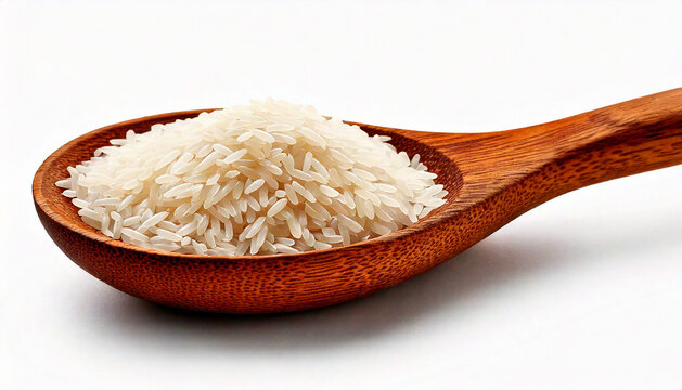 Single wooden spoon filled with uncooked jasmine rice, isolated on a clean white background