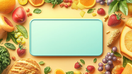 Food Flat Lay Light Blue Board with Fresh Produce with copy space